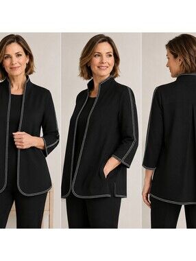 Ming Wang Jacket L Black White Contrast Stitch Trim Open Front 3/4 Sleeve